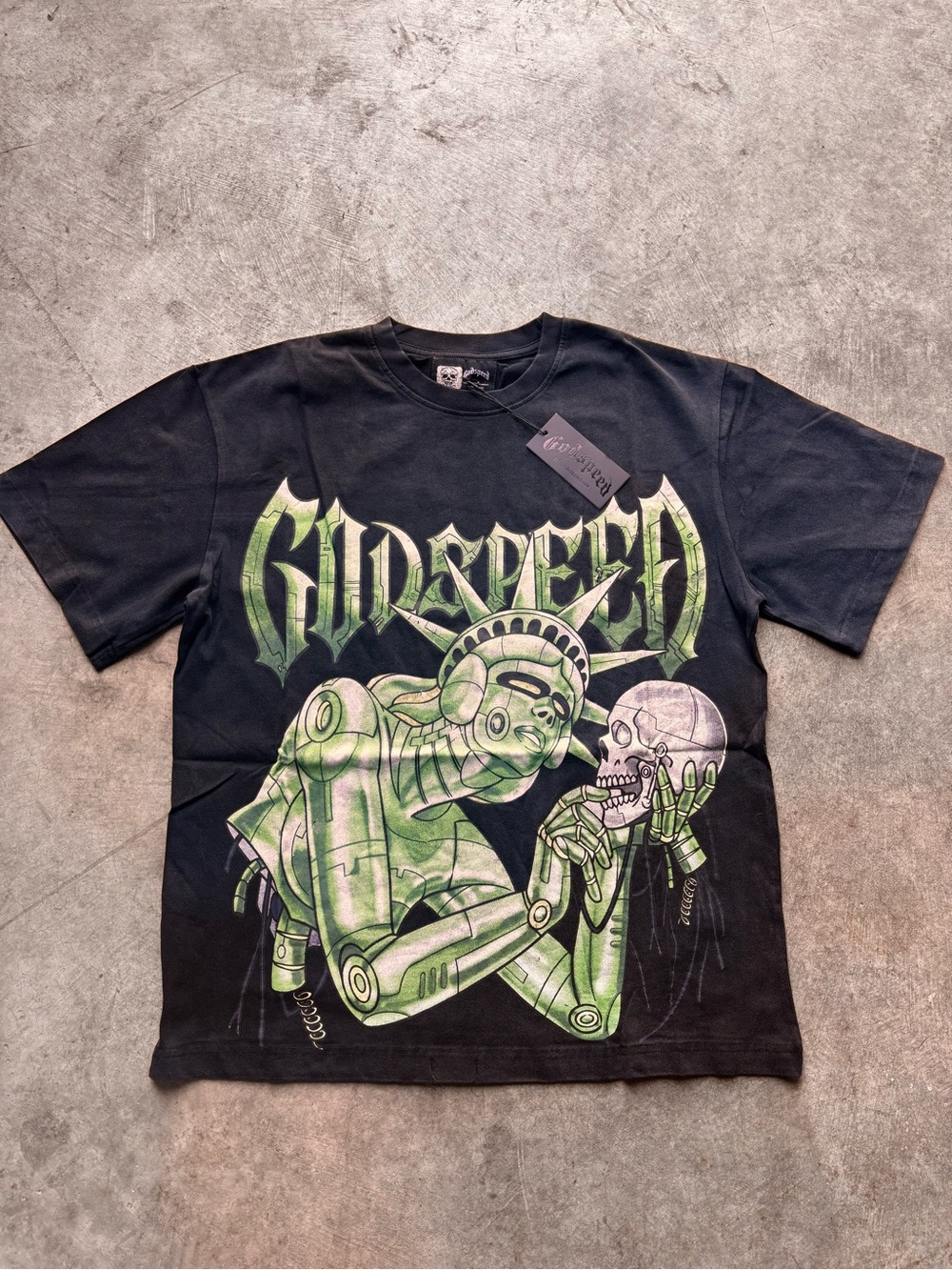Godspeed Black Short-Sleeve Graphic Tee with Green Robotic Statue Print